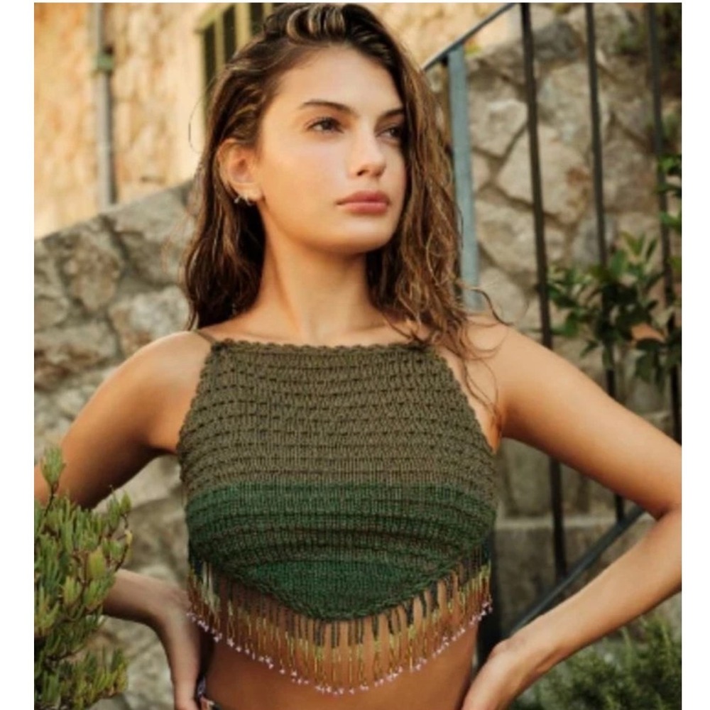 Agua Bendita Fleur Dreamin Knit Beaded Fringe Halter Top Green Size L NEW